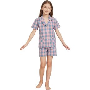 HiddenValor Girls Pajama Set, 2 Piece Cotton Button Down Short Sleeve Shorts Lounge Sleepwear With Pockets