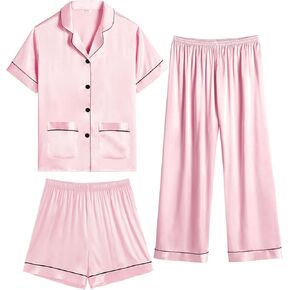 SWOMOG Kids Satin Pajamas Set 3Pcs Girls Boy Silk Pjs Set with 2 Pockets Short Sleeve Cute Button Down Sleepwear 4T-13T