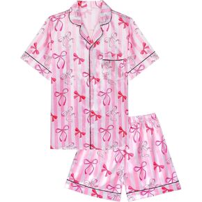 Sylfairy Girls Pajamas Silk PJS Set Pink Bow Satin Sleepwear Short Sleeve Jammies for Kids Button-Down Nightwear size 7-14