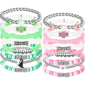 Tondiamo 16 Pcs Witch Friendship Bracelets Witch Hat Magic Wand Crown Bracelets for Women Stackable Beaded Friendship Stretch Bracelets for Witches Party Dress Decor, Pink Green