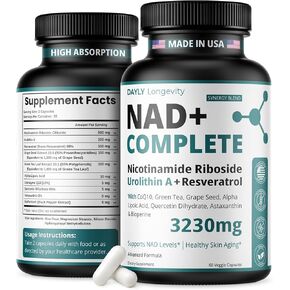 NAD Supplement 3230mg, NMN Alternative, NAD Resveratrol Supplement for Women & Men, Nicotinamide Riboside NR with Urolithin A & Green Tea, Anti-Aging, Energy, 60 Capsules Resveratrol NAD+ NAD Complete