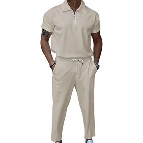 Men's 2 Pieces Outfit Sets Casual Short Sleeve Quarter Zip Collar Shirt and Drawstring Pants with Pockets Track Suit