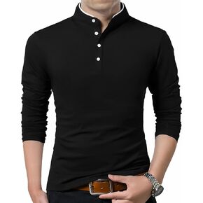 Kuyigo Men غير رسمية طويلة الأكمام القمصان البولو Mandarin Collared قائد القطن