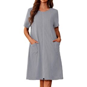 Ekouaer Zipper Robes for Women Short Sleeve Waffle Knit Bathrobe Lightweight House Coat with Pockets Soft Loungwear 3-3XL
