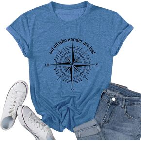 Graphic T-Shirts for Women Hiking Camping Trip Compass Printed Vintage Summer Casual Tees Holiday Workout Tops