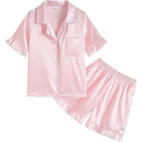 Summer Satin Pajama 2 Pieces Ruffles Sleeve Shorts Loung Sets Button Down Sleepwear for Teen Girls with Pockets