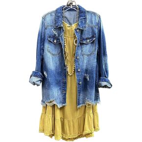 Womens Denim Ripped Distressed Button Down Mid Long Casual Jean Jackets