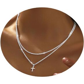 طبقات 925 Sterling Siver Cross Charm Necklace قلادة قلادة للنساء بلينغ طبقة مزدوجة سلسلة قلادة قلادة قلادة للزفاف وأي مناسبة رومانسية