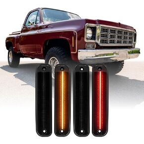 USR 75-80 C/K Series Pickup Side Marker Light – 4pc Front&Rear Parking Lamps (Left + Right) Set - Compatible with 1975-1980 Chevy C/K Pick Up Truck C10, C20 / GMC C15 K15 (SMOKE LENS w/AMBER-RED LED)