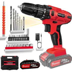 21V Cordless Drill, Electric Power Drill Set with Battery & Charger, 3/8" Keyless Chuck, 2 Variable Speeds, 398 In-lb Torque and 25+1 Position and 29pcs Drill/Driver Bits & LED Electric Drill Set