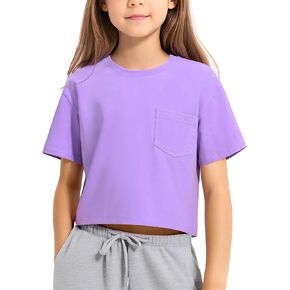 KEREDA Girls Short Sleeve Shirts Crop Tops Crewneck Summer Basic Tees for Kids with Pocket