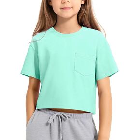 KEREDA Girls Short Sleeve Shirts Crop Tops Crewneck Summer Basic Tees for Kids with Pocket in Kuwait