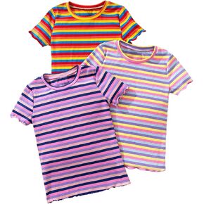 Floerns Girl's 3 Pack Striped Ribbed Knit T Shirt Crew Neck Short Sleeve Lettuce Trim Tee