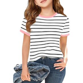Haloumoning Girls Short Sleeve T Shirts Kids Summer Striped Tops Crewneck Tees 5-14 Years