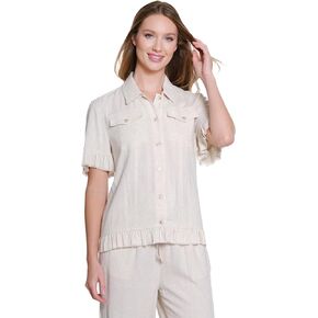 SLIM-SATION Women's Petite Short Sleeve 2 Pockets Ruffle Hem Jean Jacket