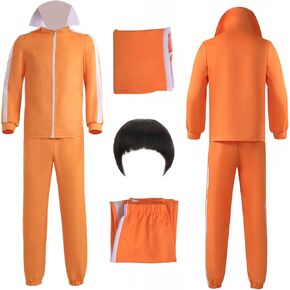 Adult Men Orange Tracksuit Uniform Sports Suit Zipper Jacket Top Sportswear with Glasses Wig