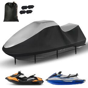 غطاء التزلج النفاث ، غطاء متين 420D Jetski مقاوم للمقاهمين ، غطاء Waverunner المطور مع 2 فتحات تهوية ， 4 أبازيم مقاومة للرياح ، جميع الغطاء العالمي للطقس لـ Seadoo (Silver-Black ، XXL: 121 "-135")