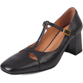 XIEDA Women's Genuine Leather Mary Janes Vintage T Strap Chunky Heel Comfortable Pumps Dress Shoes