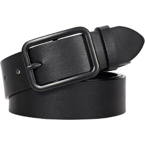 حزام Werforu Women Classic Black Leather مع مشبك أسود مربع لسروال الجينز ، 1.3 "عرض