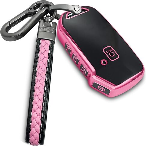 Kia Key Fob Cover With Metal/Leather Keychain, TPU 5 Buttons Case, Compatible With NIRO Sorento Seltos Soul Telluride Cerato Ceed Forte Remote Smart, Car Accessories, Pink in Kuwait
