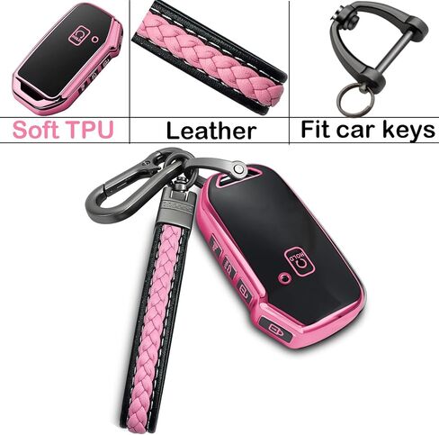 Kia Key Fob Cover With Metal/Leather Keychain, TPU 5 Buttons Case, Compatible With NIRO Sorento Seltos Soul Telluride Cerato Ceed Forte Remote Smart, Car Accessories, Pink in Kuwait