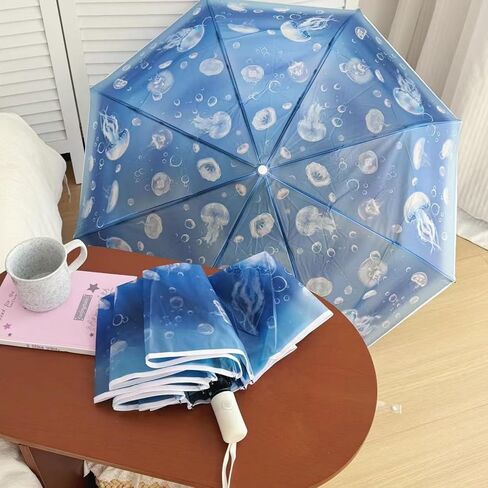 Jellyfish & Capybara Cartoon Transparent Umbrella – 8-Rib Windproof & Waterproof Folding Umbrella, Auto Open & Close Travel Umbrella with Strap in Saudi Arabia