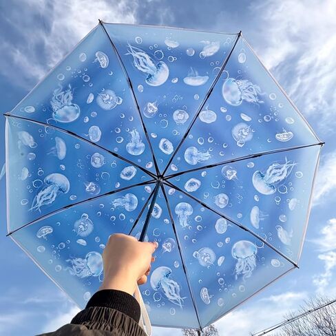 Jellyfish & Capybara Cartoon Transparent Umbrella – 8-Rib Windproof & Waterproof Folding Umbrella, Auto Open & Close Travel Umbrella with Strap in Saudi Arabia