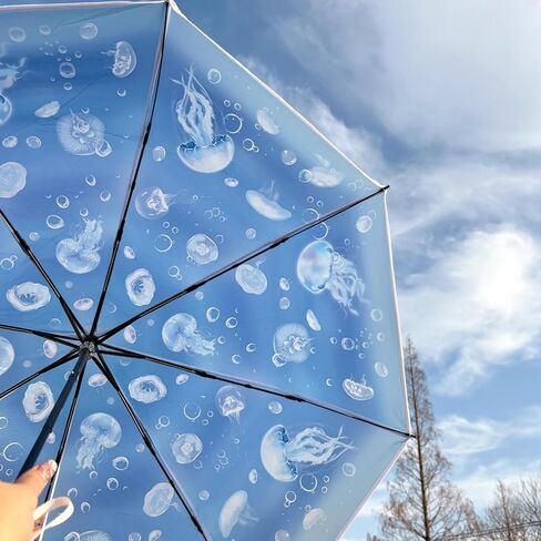 Jellyfish & Capybara Cartoon Transparent Umbrella – 8-Rib Windproof & Waterproof Folding Umbrella, Auto Open & Close Travel Umbrella with Strap in Saudi Arabia
