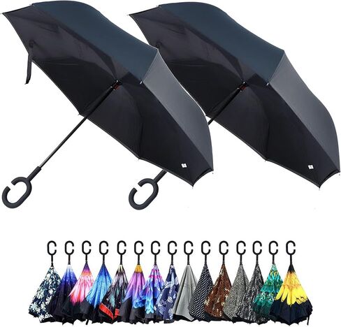 Parquet Purple and Blue Flower Double Layer Inverted Umbrellas - C Shaped Handle Reverse Folding Windproof Umbrella for Men and Women in Kuwait