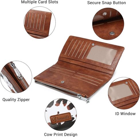 Cow Print Wallets for Women Slim Bifold Credit Card Holder - Card Cases Wallet with Smooth Zipper, Coin Pocket & ID Window - Money Organizer Cash Wallet, Signature Brown in Saudi Arabia
