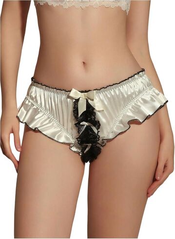 SHENHE Women's Satin Bow Panty Lace Trim Low Rise Cute Bikini Underwear Silky Panty Brief in Saudi Arabia