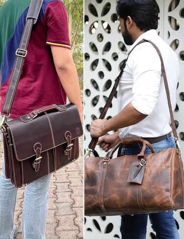 RUSTIC TOWN Leather Bag Replacement Shoulder Strap - Adjustable/Comfortable Strap with Shoulder Padding for all Duffle, Satchel, Messenger, Briefcase Bag (Brown Belt with White Stitching) in Saudi Arabia