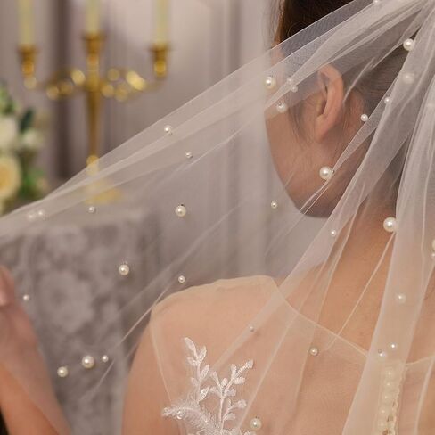 118'' Cathedral Wedding Veil Pearl Bridal Veils Long Veil with Comb 2Tier Short Veil for Brides in Saudi Arabia