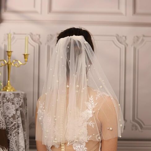 118'' Cathedral Wedding Veil Pearl Bridal Veils Long Veil with Comb 2Tier Short Veil for Brides in Saudi Arabia