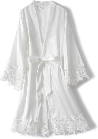 Women Lace Trim Robe Short Kimono Gown Silky Bathrobe for Bride Bridesmaid Nightgown in Kuwait