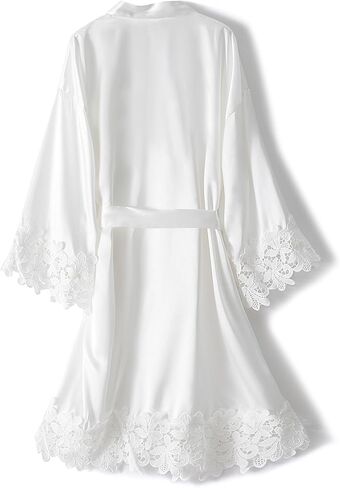 Women Lace Trim Robe Short Kimono Gown Silky Bathrobe for Bride Bridesmaid Nightgown in Kuwait