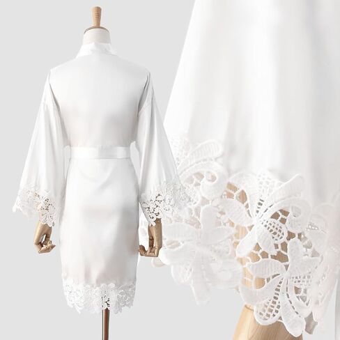 Women Lace Trim Robe Short Kimono Gown Silky Bathrobe for Bride Bridesmaid Nightgown in Kuwait