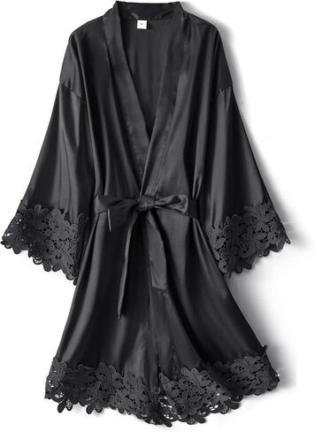 Women Lace Trim Robe Short Kimono Gown Silky Bathrobe for Bride Bridesmaid Nightgown in Kuwait