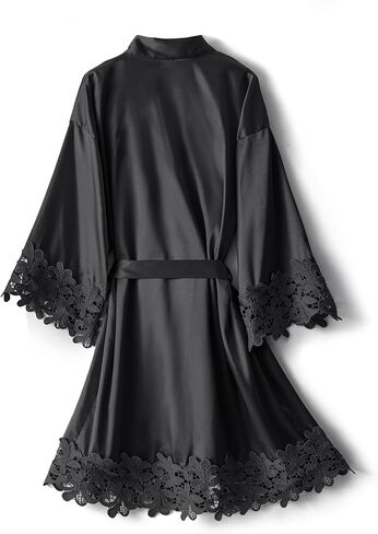 Women Lace Trim Robe Short Kimono Gown Silky Bathrobe for Bride Bridesmaid Nightgown in Kuwait
