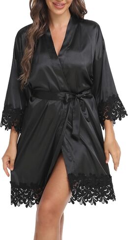 Women Lace Trim Robe Short Kimono Gown Silky Bathrobe for Bride Bridesmaid Nightgown in Kuwait