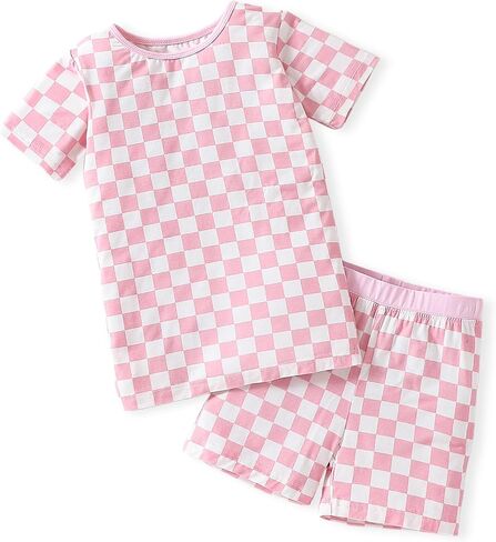 OPAWO Bamboo Pajamas Toddler Boy Clothes Checkered Tee and Shorts 2 Piece Summer Bamboo Baby Pajamas Sleepwear Pjs Set 12M-5T in Saudi Arabia