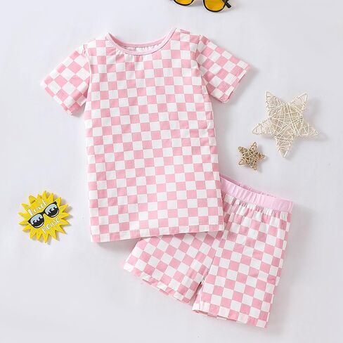 OPAWO Bamboo Pajamas Toddler Boy Clothes Checkered Tee and Shorts 2 Piece Summer Bamboo Baby Pajamas Sleepwear Pjs Set 12M-5T in Saudi Arabia