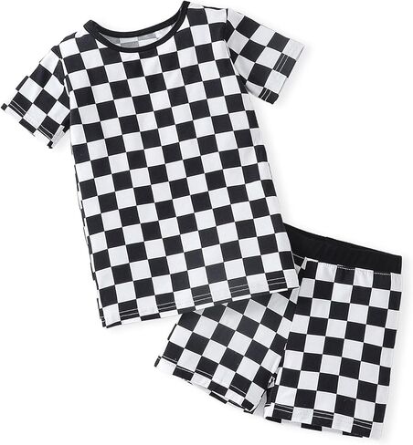 OPAWO Bamboo Pajamas Toddler Boy Clothes Checkered Tee and Shorts 2 Piece Summer Bamboo Baby Pajamas Sleepwear Pjs Set 12M-5T in Kuwait