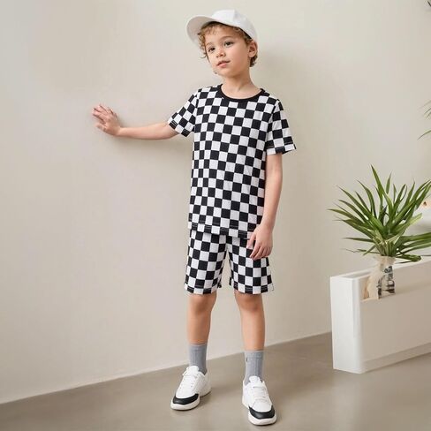 OPAWO Bamboo Pajamas Toddler Boy Clothes Checkered Tee and Shorts 2 Piece Summer Bamboo Baby Pajamas Sleepwear Pjs Set 12M-5T in Kuwait