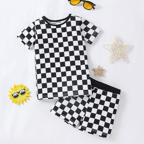 OPAWO Bamboo Pajamas Toddler Boy Clothes Checkered Tee and Shorts 2 Piece Summer Bamboo Baby Pajamas Sleepwear Pjs Set 12M-5T in Kuwait