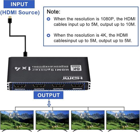 مقسم HDMI 8K@60 هرتز 1 في 3 مخرج، 1x3 HDMI 2.1 مقسم يدعم 4K@120 هرتز، 1080P@240 هرتز VRR HDCP2.3 HDR HDR10 48 جيجابت في الثانية EDID Dolby Atmos 7.1ch، فقط الشاشات المكررة/المرآة لا تمتد in Saudi Arabia