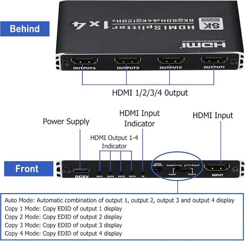 مقسم HDMI 8K@60 هرتز 1 في 3 مخرج، 1x3 HDMI 2.1 مقسم يدعم 4K@120 هرتز، 1080P@240 هرتز VRR HDCP2.3 HDR HDR10 48 جيجابت في الثانية EDID Dolby Atmos 7.1ch، فقط الشاشات المكررة/المرآة لا تمتد in Saudi Arabia