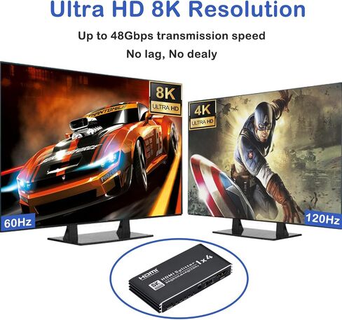 مقسم HDMI 8K@60 هرتز 1 في 3 مخرج، 1x3 HDMI 2.1 مقسم يدعم 4K@120 هرتز، 1080P@240 هرتز VRR HDCP2.3 HDR HDR10 48 جيجابت في الثانية EDID Dolby Atmos 7.1ch، فقط الشاشات المكررة/المرآة لا تمتد in Saudi Arabia
