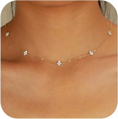 Dainty Lucky Leaf Necklace for Women 925 Sterling Silver Trendy 14K Gold Plating Cute White CZ Flowers Pendant Choker Necklaces to Daughter Mom Minimalist Stackable Chain Wedding Prom Brides Jewelry in Saudi Arabia