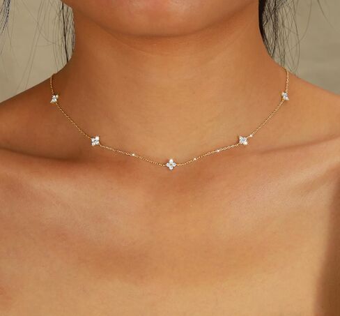 Dainty Lucky Leaf Necklace for Women 925 Sterling Silver Trendy 14K Gold Plating Cute White CZ Flowers Pendant Choker Necklaces to Daughter Mom Minimalist Stackable Chain Wedding Prom Brides Jewelry in Saudi Arabia